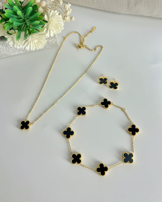 Four Leaf black Clover Jewellery Set
